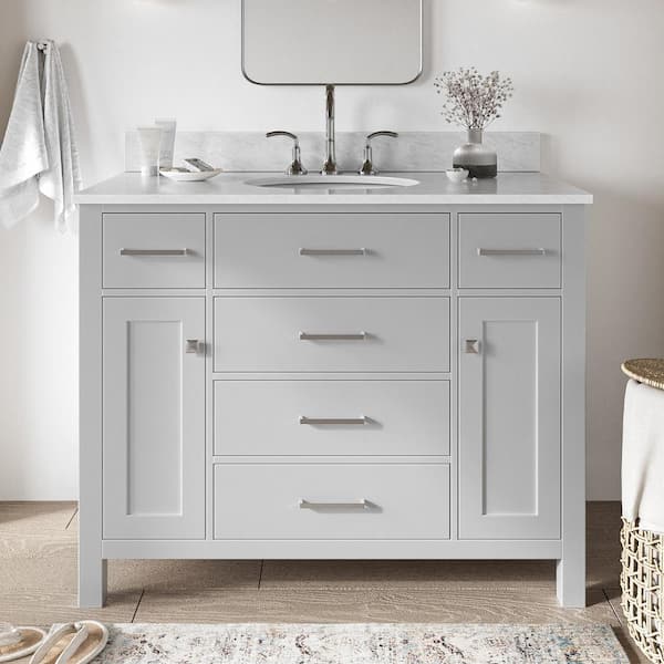 ARIEL Bristol 43 in. W x 22 in. D x 35.25 in. H Freestanding Bath Vanity in Grey with Carrara White Marble Top