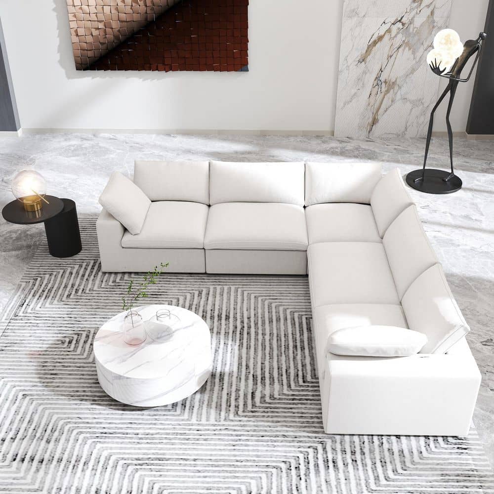 120 in. Square Arm Linen Deep Seat L Shaped 5-Piece Sectional Sofa in White with Removable Covers for Living Room price history on PriceWatchPro
