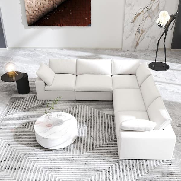 120 in. Square Arm Linen Deep Seat L Shaped 5-Piece Sectional Sofa in White with Removable Covers for Living Room