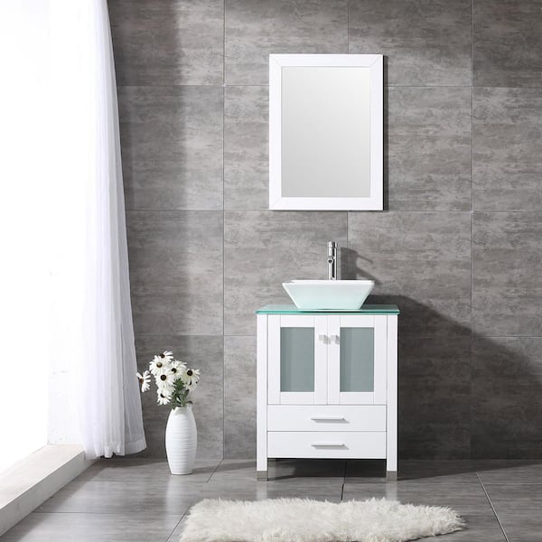 Wonline 24 in. W x 21.7 in. D x 60 in. H Single Sink Bath Vanity in White with Green Glass Top and Mirror