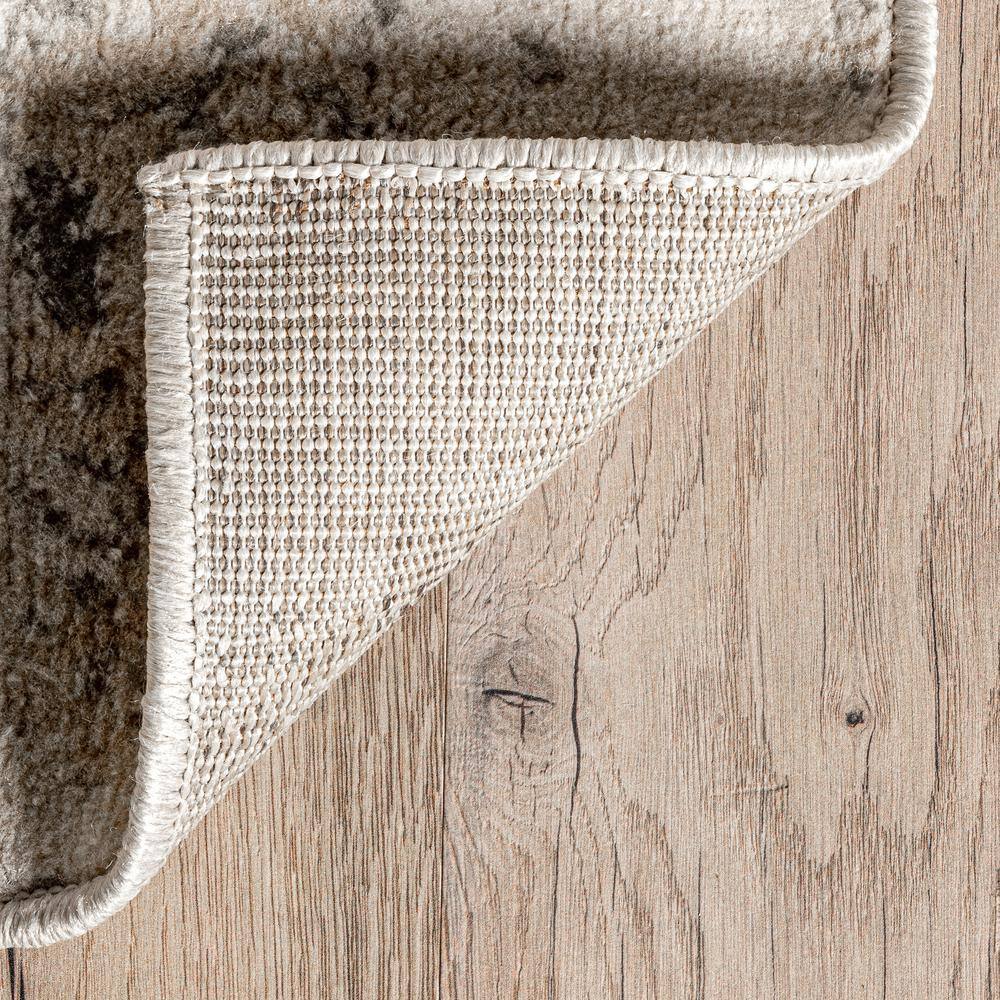 Beige Round Washable Floral Synthetic Area Rug