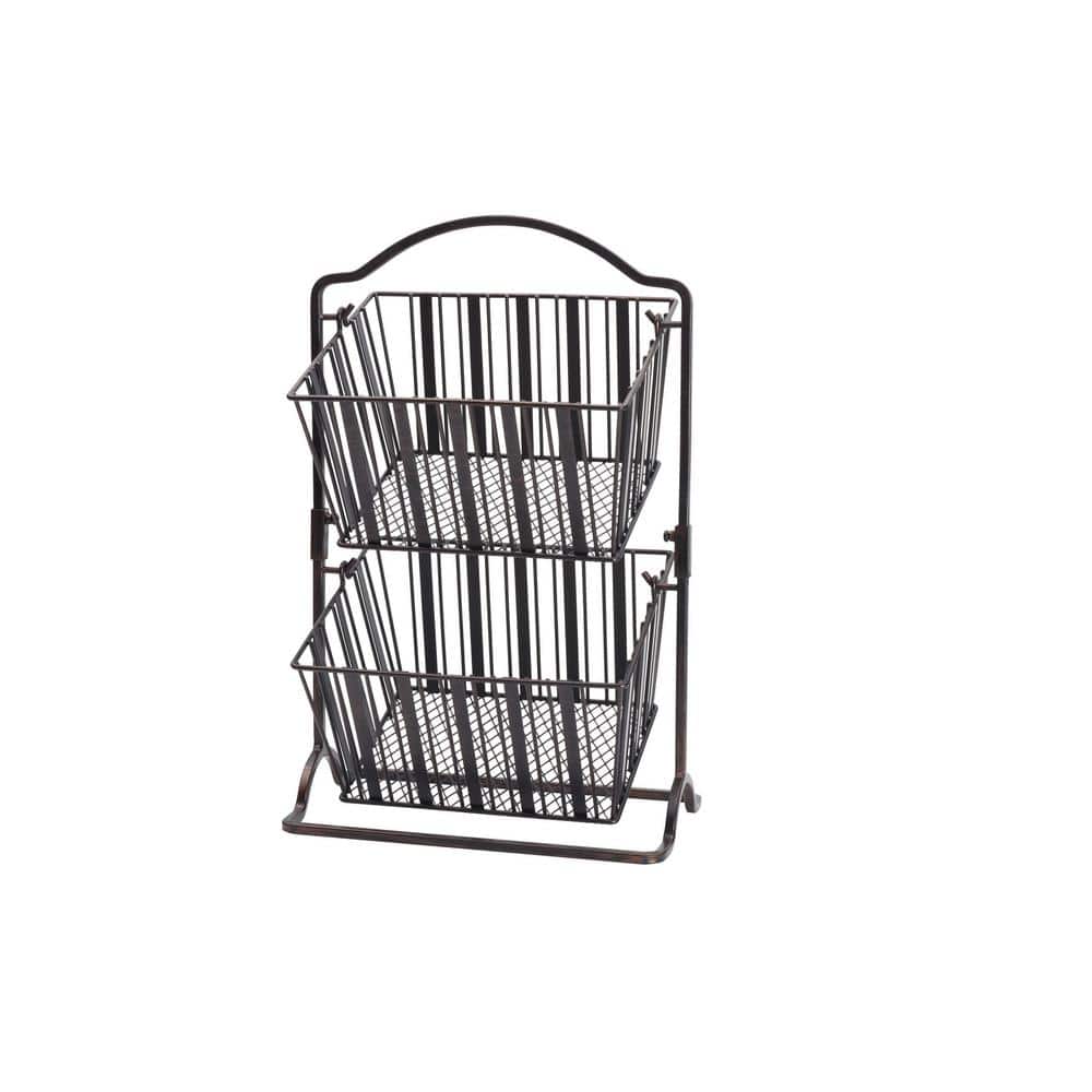 17.5 in. Black Band and Stripe 2-Tier Metal Mini Countertop Fruit Storage B