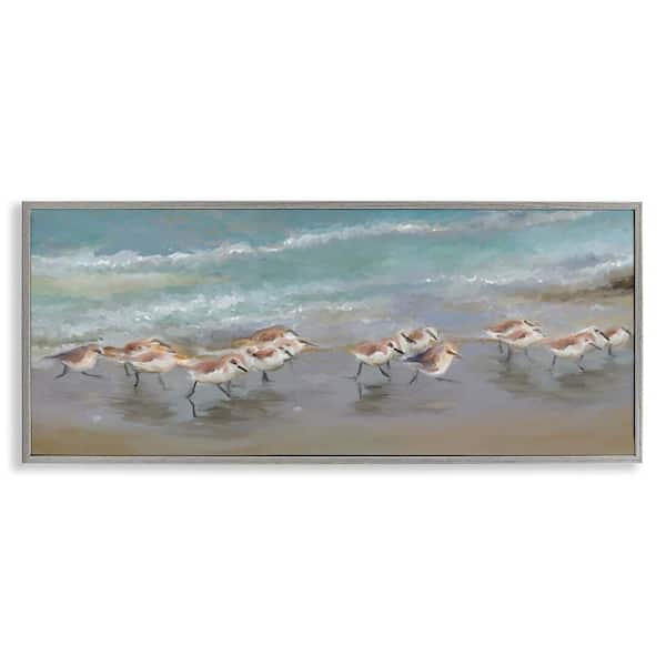 Sandpiper Flock Shoreline Splashing by Rick Novak Gray Framed Giclee Art Print Coastal 30 in. x 13 in.