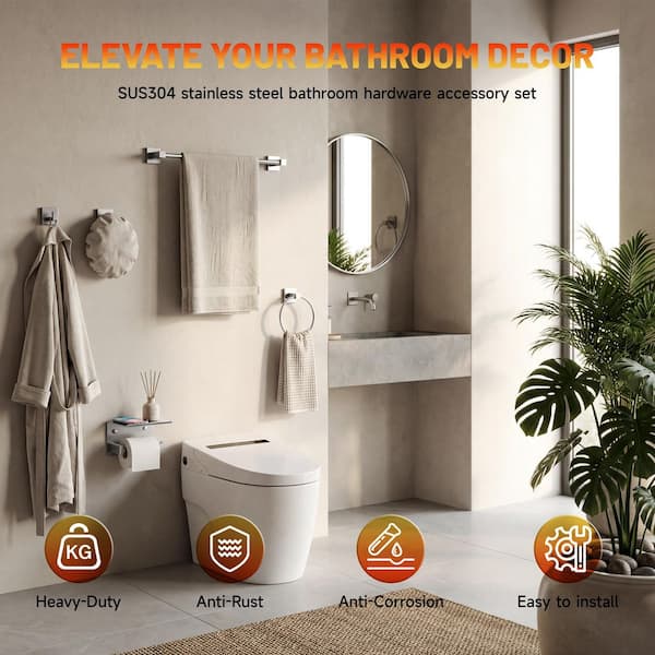 GERUIKE 4-Piece Bathroom Hardware Set – Chrome Stainless Steel Towel Bar (18"), Towel Ring, Toilet Paper Holder, Robe Hook – Wall Mounted