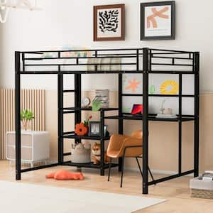 Modern Black Full Size Metal Loft Bed with Built-in Desk, Whiteboard and 3 Storage Shelves