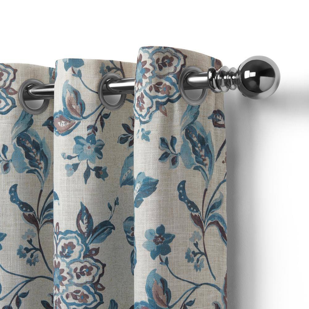 Blue Taupe Floral Blackout Grommet Curtain Panel 52" x 95"