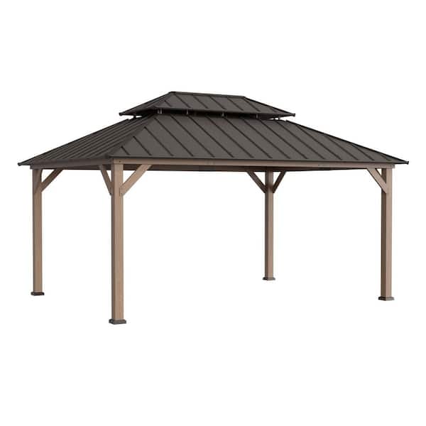 Sunjoy 12 ft. x 16 ft. Dark Brown Cedar Frame Gazebo with Double Tier Steel Roof, Netting and Ceiling Hook for Patio and Lawn