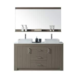 Tavian 60 in. W Bath Vanity in Gray Oak with Stone Vanity Top in White with Square Basin and Mirror