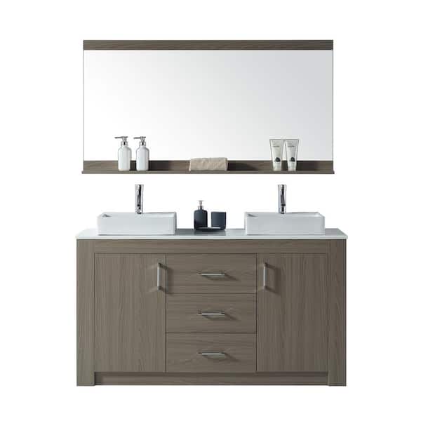 Virtu USA Tavian 60 in. W Bath Vanity in Gray Oak with Stone Vanity Top in White with Square Basin and Mirror