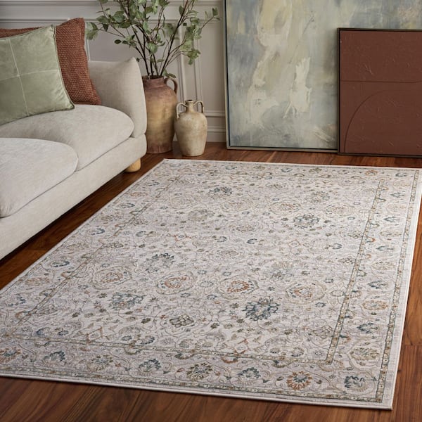 Maven 9 ft. x 12 ft. Ivory/Gray Blue Ornate Border Area Rug