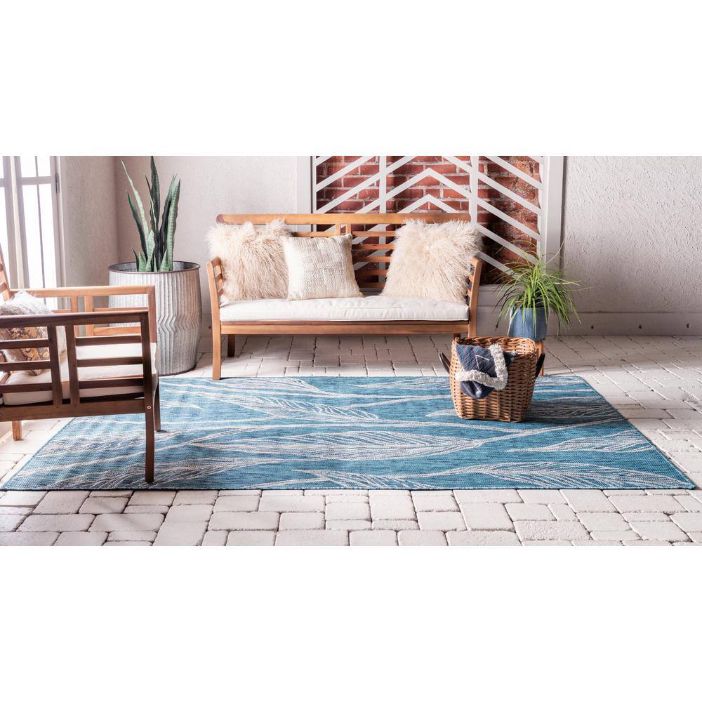 Teal and Ivory Botanical Outdoor Rectangular Rug 4' x 6'