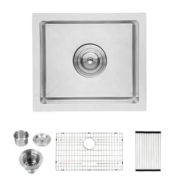 UPIKER Brushed Nickel 16 G Stainless Steel 14 in. Single Bowl Undermount Kitchen Sink with Drainboard and Bottom Grid