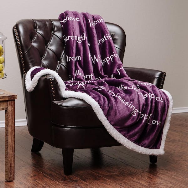 CHANASYA Harmony Aubergine Love Joy Inspiring Reversible Sherpa Gift Polyester Throw Blanket - 50 in. x 65 in.