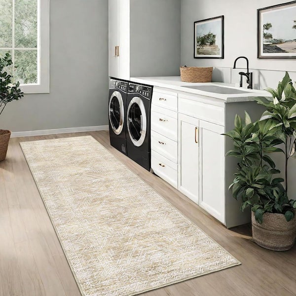 Beige 2 ft. x 6 ft. Washable Vintage Distressed Area Rug Bohemian Style Polyester