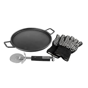 4-Piece Cast Iron Pizza Stone/Round Griddle/Skillet with Handles, Pizza Cutter, Heat Resistant Gloves