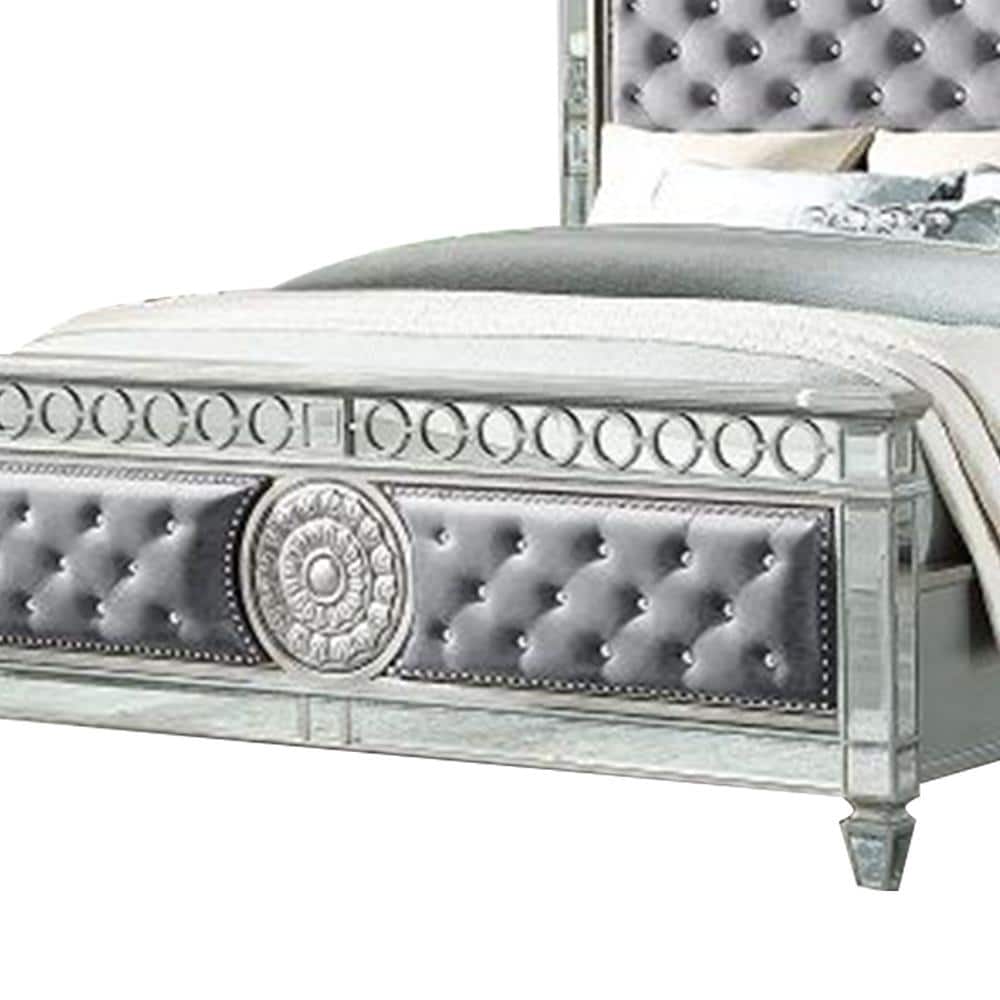 Varian Gray Velvet Upholstered Queen Bed with Mirrored Accents