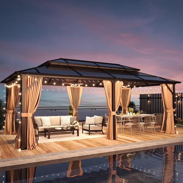 20 ft. x 12 ft. Outdoor Brown Polycarbonate Double Roof Gazebo with Curtains and Netting for Garden, Lawns, Patio