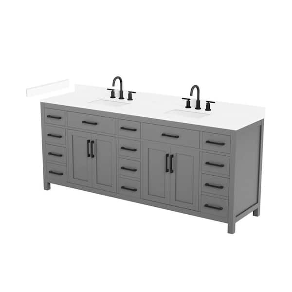 Beckett 84 in. Double Freestanding Dark Gray Bath Vanity with White Cultured Marble Top