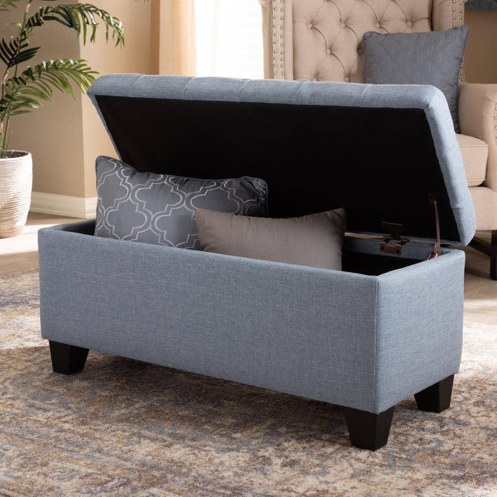 Light Blue Tufted Fabric Storage Ottoman with Black Wood Feet