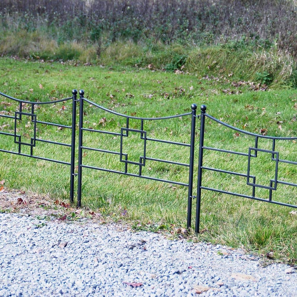 Black Wrought Iron Square-on-Squares Garden Fence Set