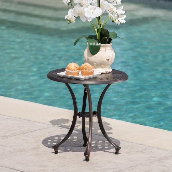 Harper & Bright Designs Bronze Cast Aluminum Outdoor Side Table with Lattice-Patterned Tabletop, Cabriole Legs
