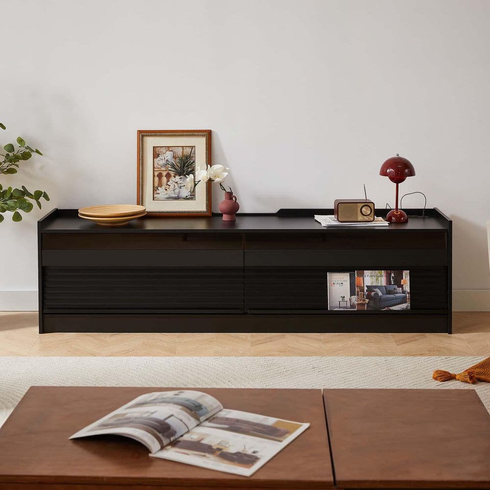 Black MDF Modern TV Stand with Ample Storage, 4-Drawer, Charging Ports and 