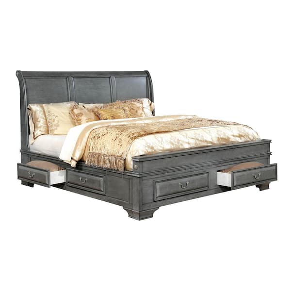 Furniture of America Liam Gray Wood Frame Queen Platform Bed with Footboard Drawers