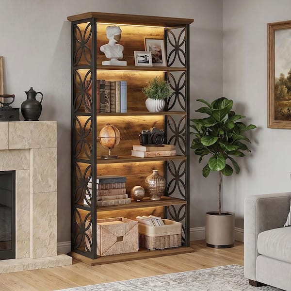70.87 in. Tall Brown Wood 6-Shelf Standard Bookcase with Metal Frame