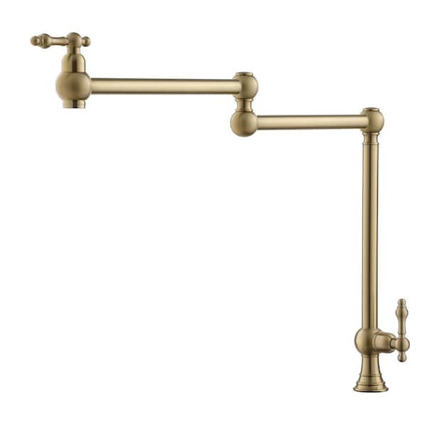 Residential Deck Mount Folding Pot Filler Kitchen Faucet with Two Handles and 360° Rotating Spout in Brushed Gold