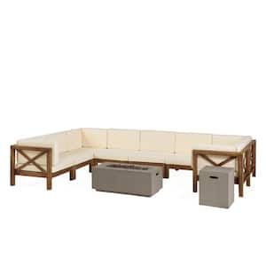 Brava Teak Brown 10-Piece Wood Patio Fire Pit Sectional Seating Set with Beige Cushions