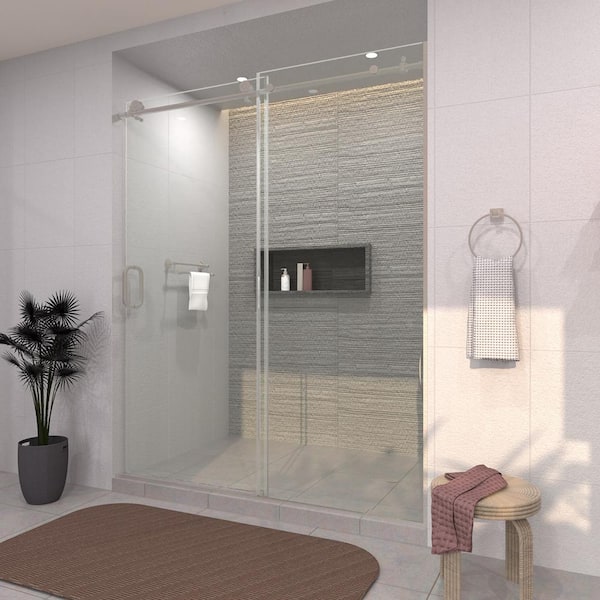 60 in. W x 76 in. H Sliding Semi-Frameless Shower Door in Brushed Nickel Finish with Clear Glass