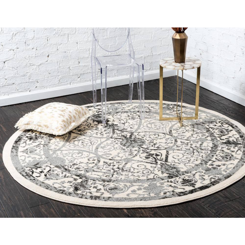 Miranda Ivory and Gray Round Synthetic Easy-Care Rug, 6' Diameter