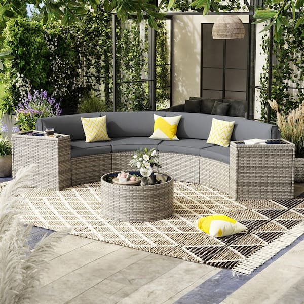 7 Piece Wicker Patio Furniture Sectional Half-Moon Curved Outdoor Sofa Set with Round Coffee Table with Gray Cushions