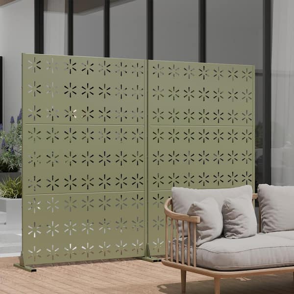 47 in.x72 in. 3-Panel Olive Gray Metal Garden Screens Room Divider Outdoor Privacy Screen Decorative Metal Balcony Panel