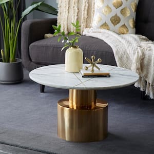 20 in. x 17 in. Round Light Marble Coffee Table With Gold Aluminum Base and Patterned Inlay