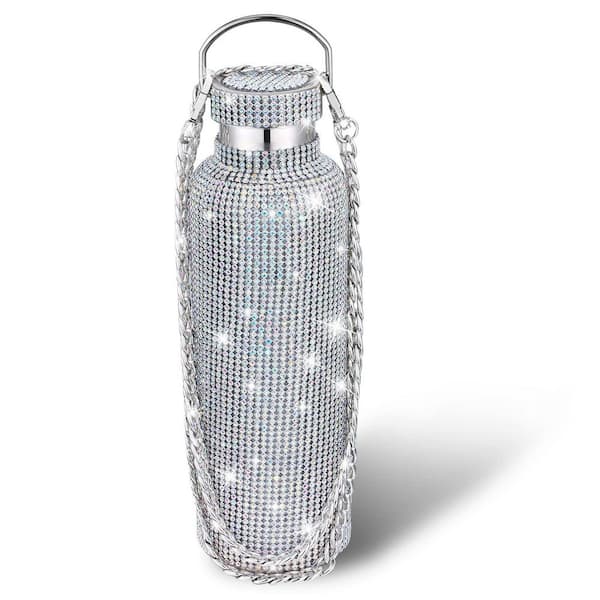 25 oz. Silver Stainless Steel Insulated Water Bottle with Rhinestone Bling and Carry Chain for Women and Girls