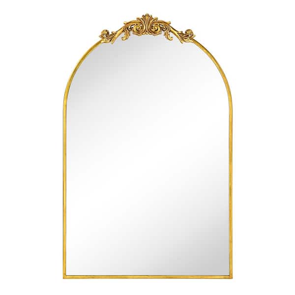 TEHOME LUNA 24 in. W x 36 in. H Arched Stainless Steel Framed Orante Mirror Wall Mounted Bathroom Vanity Mirror in Gold Foil