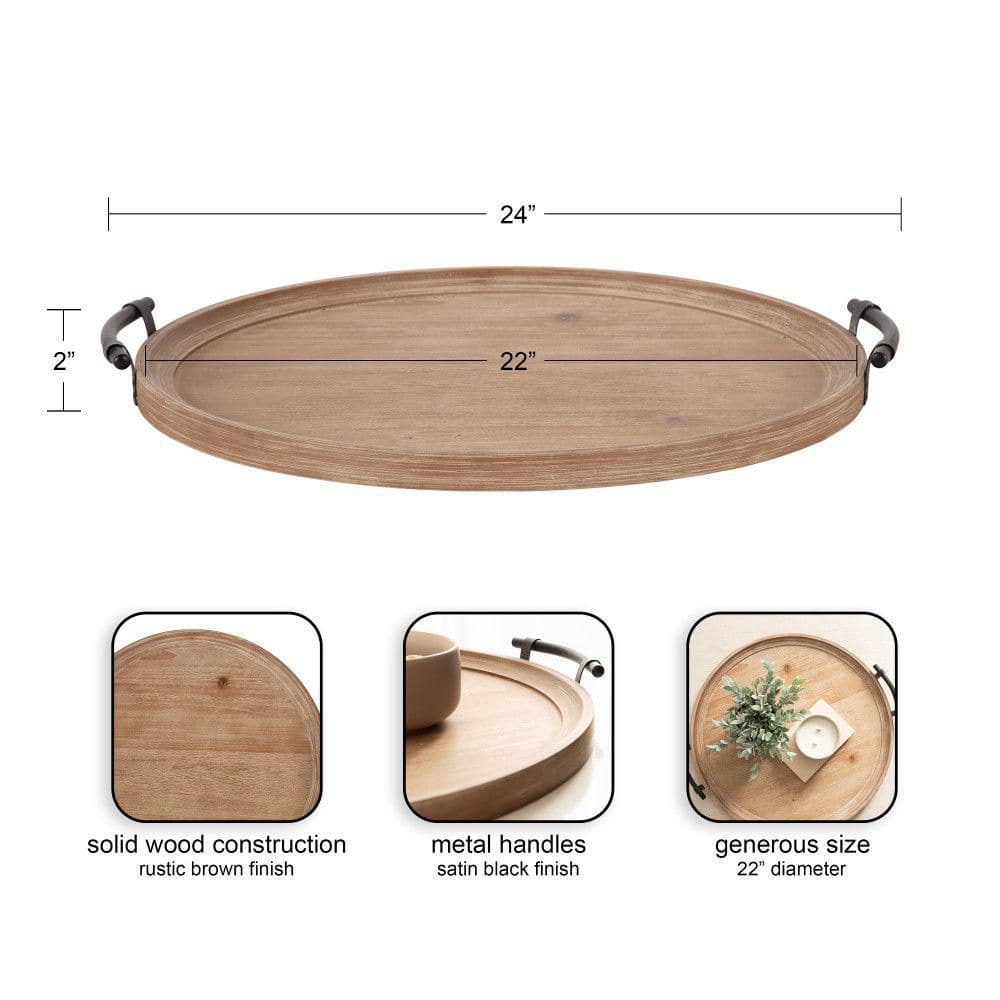 Bruillet Rustic Brown Round Wood Ottoman Tray with Black Metal Handles