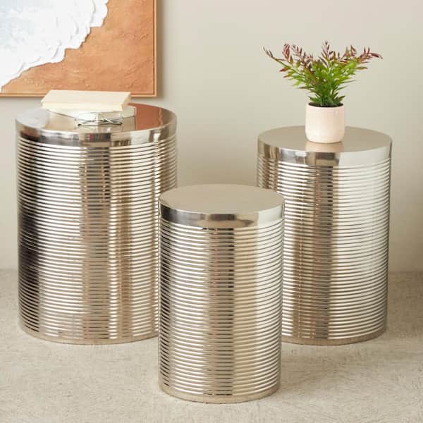 Litton Lane 18 in. Silver Ribbed Drum Large Round Iron End Table (3- Pieces)