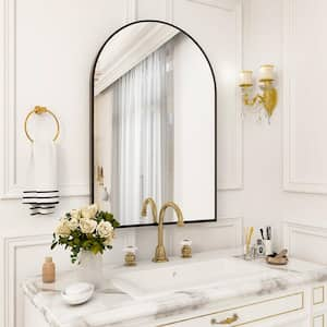 26 in. W x 38 in. H Arched Black Aluminum Alloy Framed Wall Mirror