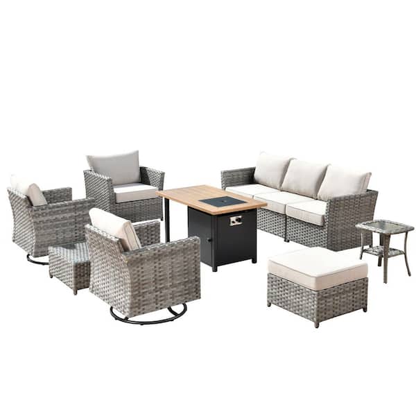Eufaula Gray 10-Piece Wicker Outdoor Patio Conversation Sofa Set with a Storage Shelf Fire Pit and Beige Cushions