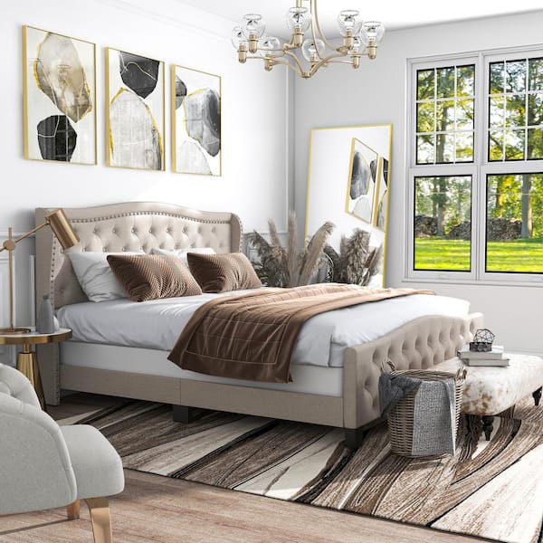 Miraga Ivory Full Panel Bed with Tufted Upholstery