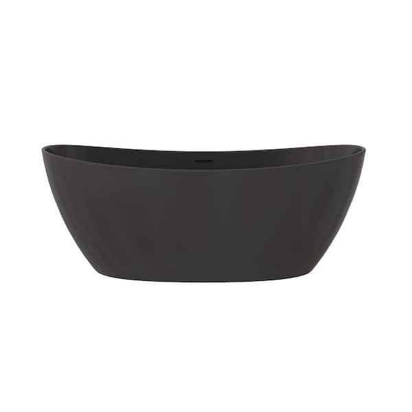 65 in. Stone Resin Flatbottom Solid Surface Freestanding Soaking Bathtub in Black with Drain