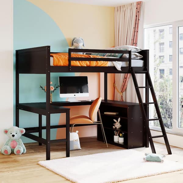 URTR Full Size Loft Bed with Desk and Storage Shelves Bookcase,Wood High Loft Bed Frame for Dorm, Kids Teens Adults,Espresso
