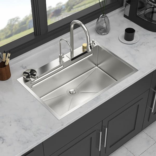 33 in. Drop-in Single Bowl 16 Gauge Brushed Nickel Stainless Steel Kitchen Sink with Faucet and Bottom Grids,Drain Board
