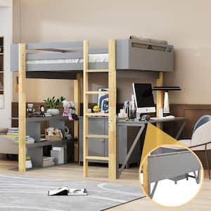 Gray Wood Frame Full Size Loft Bed with Built-in Shelves, Storage Cabinet, Foldable Desk