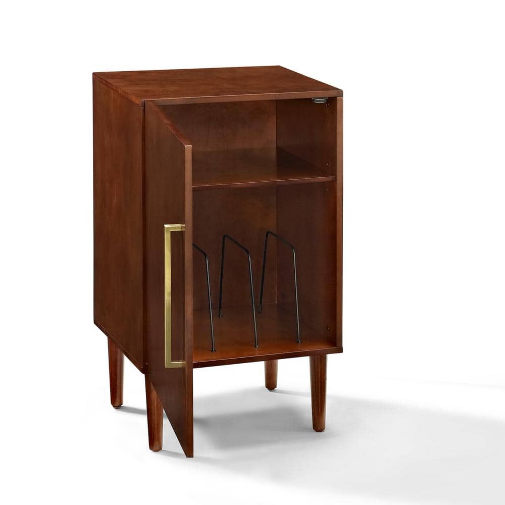 Mid-Century Brown Wood Record Player Cabinet with Gold Accents