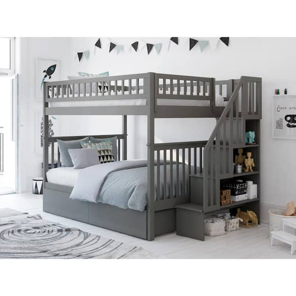 AFI Woodland Staircase Bunk Bed Full over Full with 2 Urban Bed Drawers in Grey