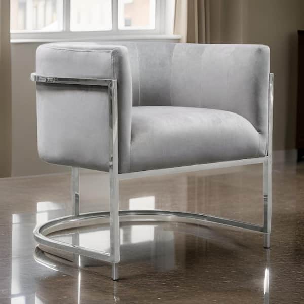 Benjara Gray and Silver Velvet Arm Chair with Silver Stainless Steel Base
