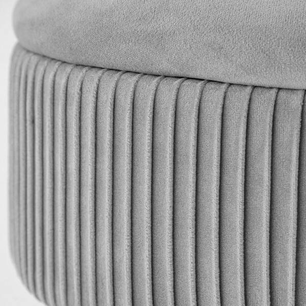 Dark Gray Round Storage Ottoman Foot Rest Upholstered Pleated